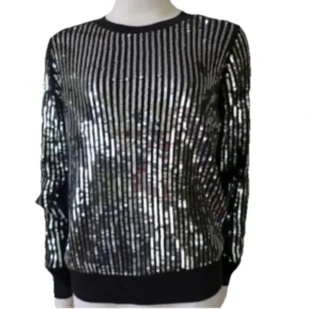 Michael Kors Sweater Women Medium Black Sequin Striped Long Sleeve Crew Neck